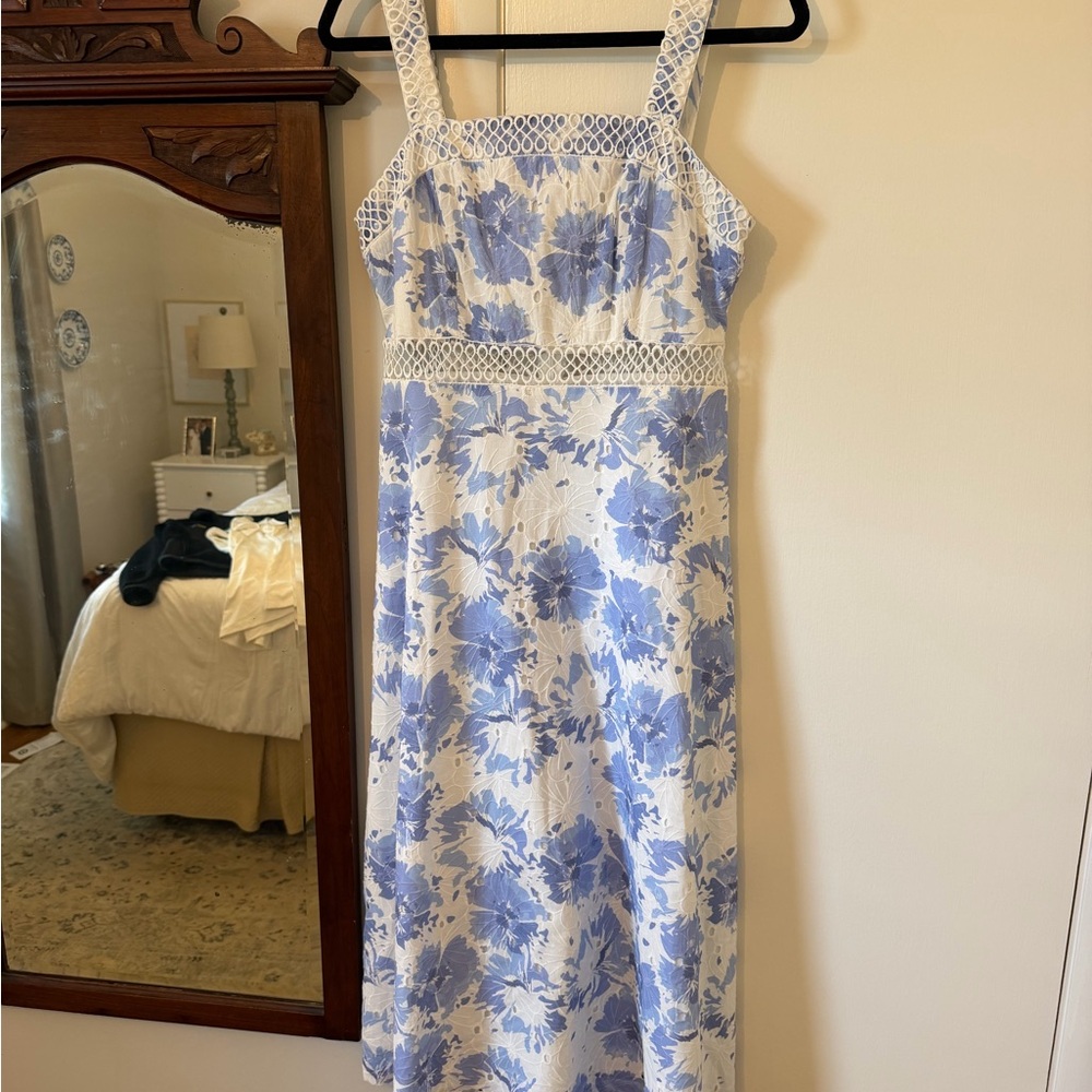 Lulu's Blue and White Floral Midi Dress with Crochet Trim